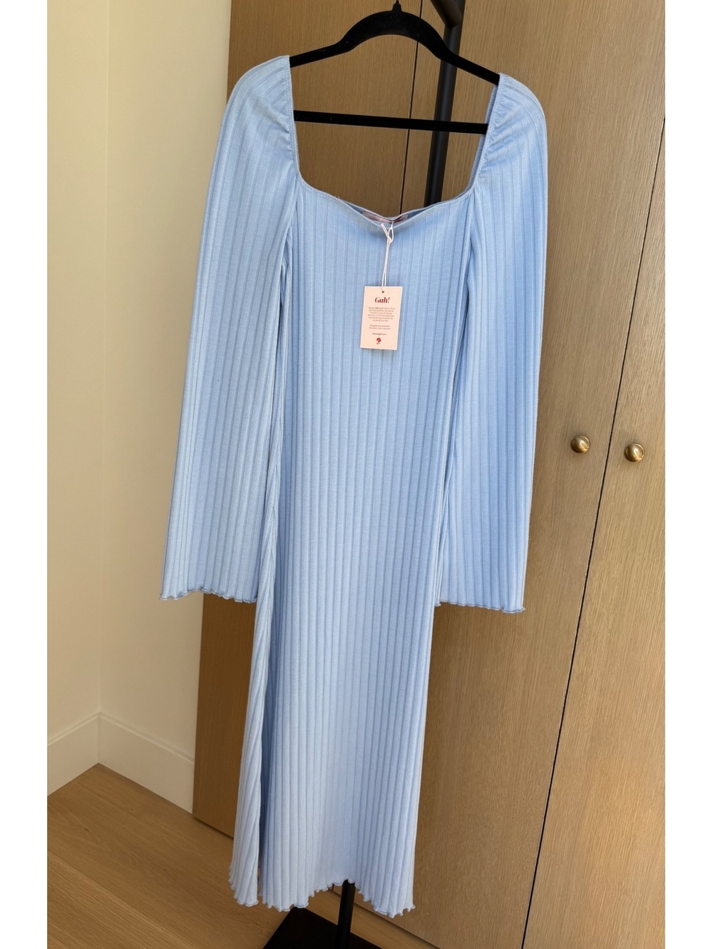 Lisa Says Gah Roya Ribbed Midi Dress Light Blue Size XS NWT Long Sleeve - Picture 2 of 11